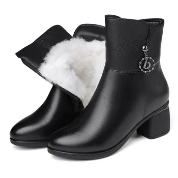 

New Rhinestone Genuine Leather Boots Comfort Inside Plush / Wool Boots Warm Snow Boots Non-slip High Heel Shoes Woman Snow Boots