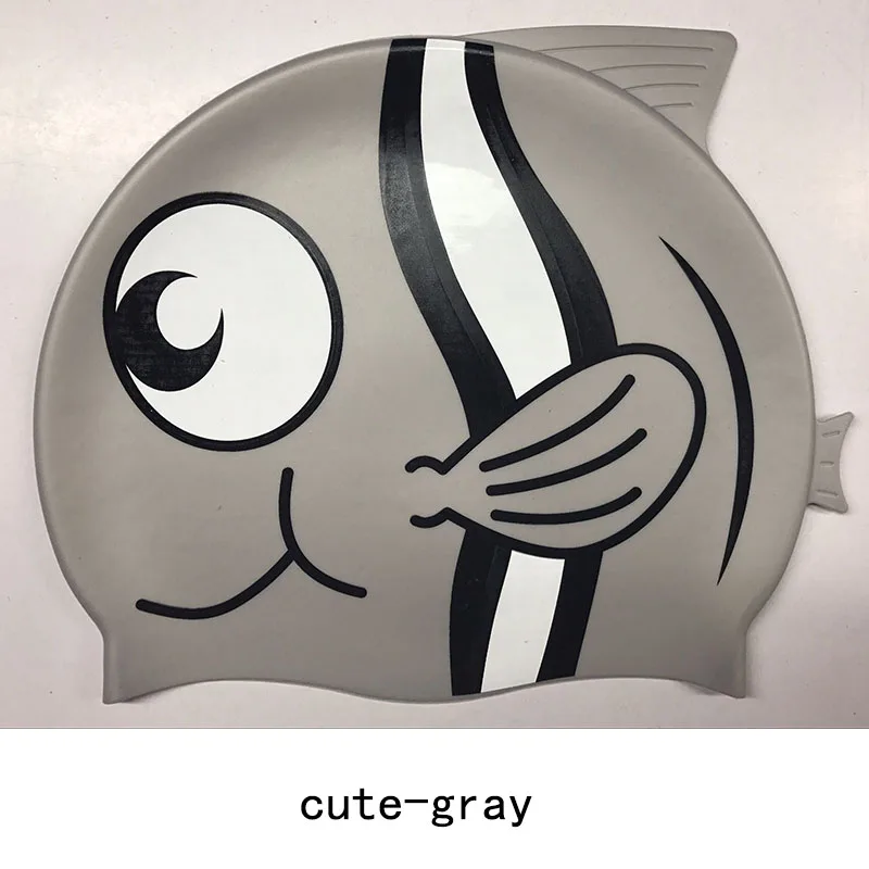 Swimming Cap Silicon Kids Children Boys Girls Baby Diving Swim Cap Hat Ear Protector Printing Silicone Waterproof Caps cute - Цвет: cute gray