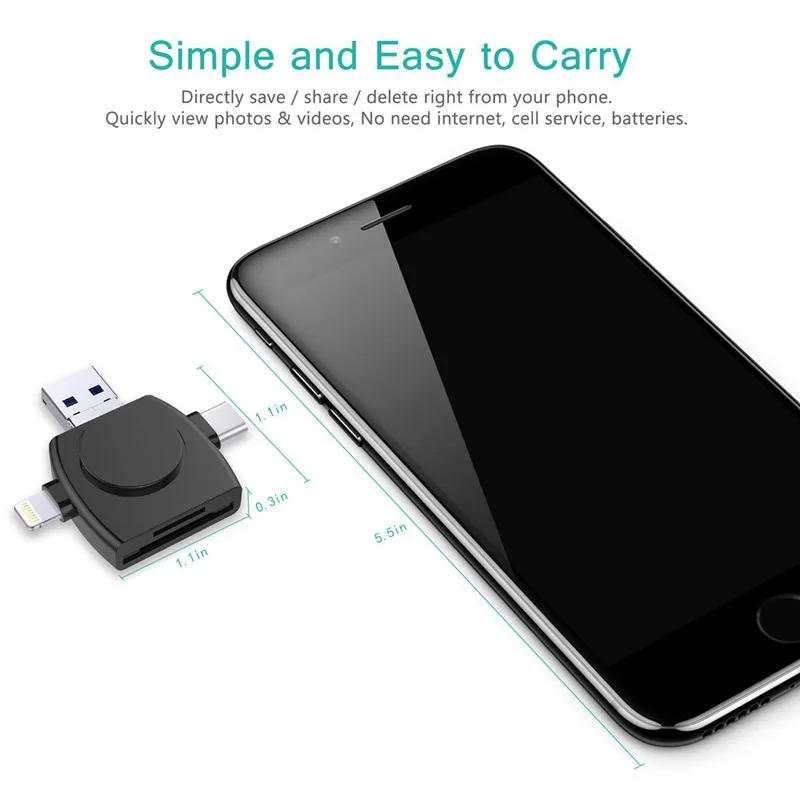 Характеристики 4 в 1 портативный мини SD кард-ридер, карта памяти Micro-SD USB C адаптер просмотра для iPhone Android Apple Mac, Compa