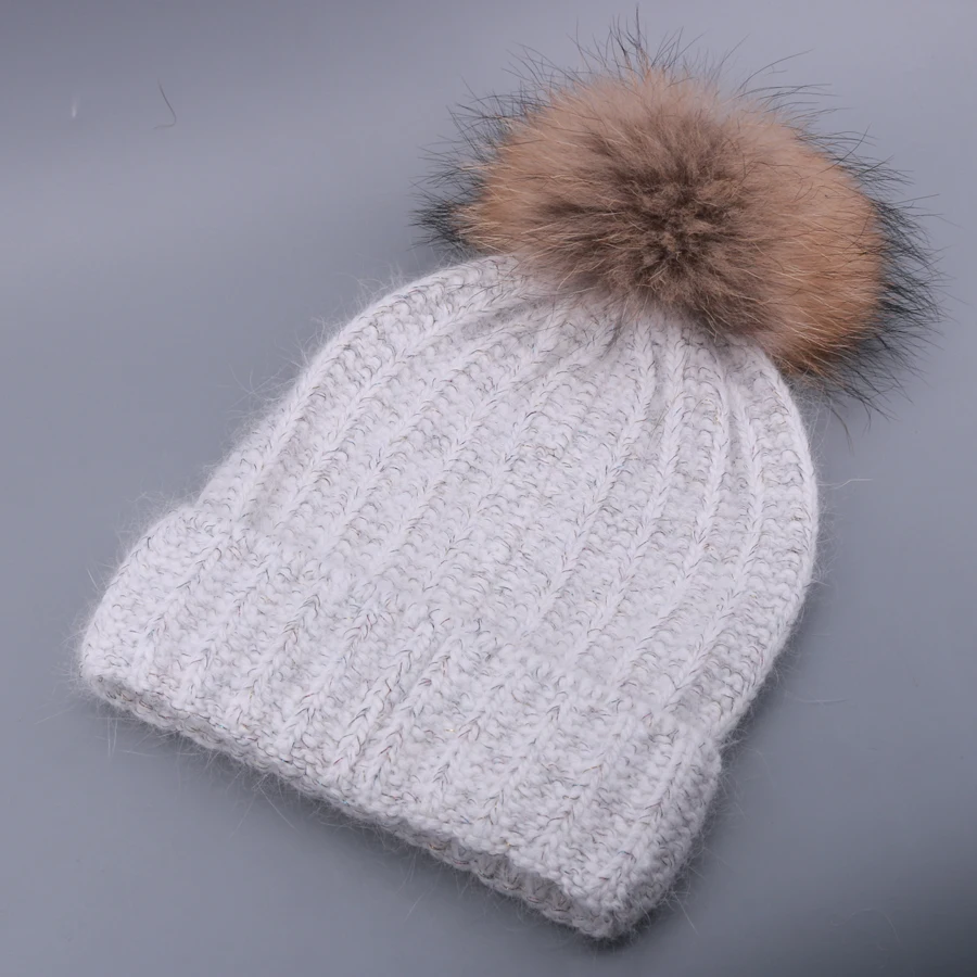 Зимняя вязаная женская шапка Skullies, винтажная яркая шелковая шапка с кроличьим мехом, шапка с настоящим помпон из меха енота горро, Лыжные шапки для девочек