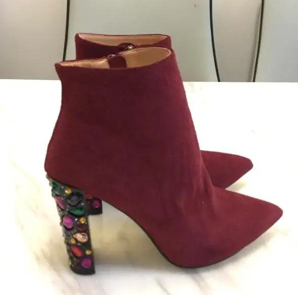 

4 Colors Super High Heel Booties 2019 autumn winter new women's suede and leather pointed colorful diamond thick heel ankle boot