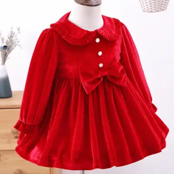 

Vintage court style lolita baby girl red velvet princess dress kids bow Spanish puff sleeve ball gown Christmas party dress