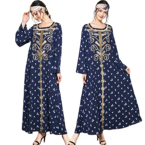 Abaya Muslim Women Embroidery Floral Printed Long Dress Casual Plus Size O-neck Long Sleeve Maxi Robe Ramadan Kaftan Arab Jilbab