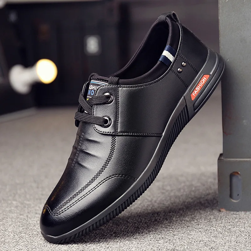 

Recreational Men's Leather Shoes Korean Edition Business Dress Fashion Comfortable Tie Simple Pure Color Anti-skid Wear-resistan