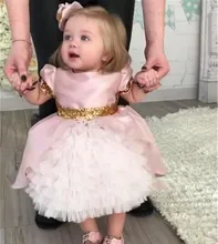 Sweet Pink Flower Girls Dresses for Toddlers Infants Kids with Golden Sequins Bow Knot Sash Formal Pageant Party Dress