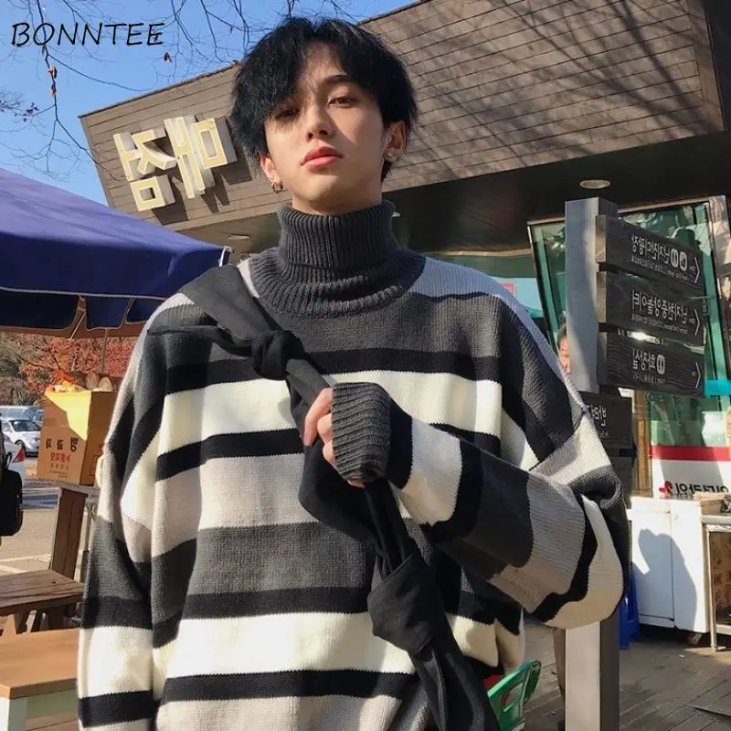 

Turtleneck Sweaters Men Striped Simple All-match Loose 2XL Harajuku Chic Korean Mens Clothing Knitting High Quality Fashionable