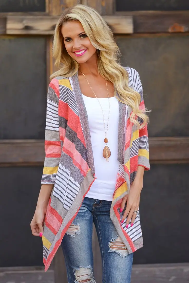 

New Striped Print Boho Cardigan Women Red Outwear Knitted Casual Vintage Jacket Coat Tops Loose Sweater Plus Size Irregular Thin