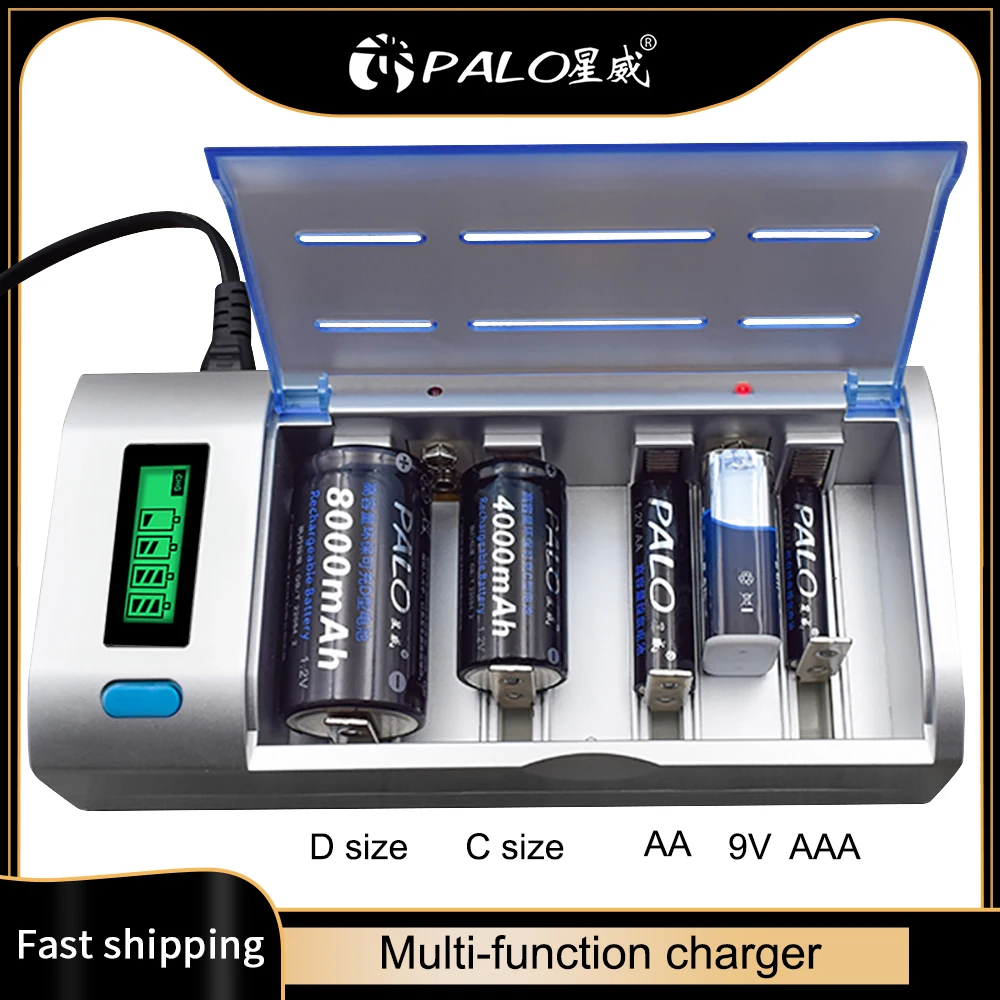 PALO Intelligent Rechargeable Battery LCD Display 1.2V Ni-MH AA AAA C D Size 9V Batteries Charger C type Fast Discharge