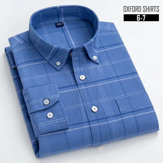S- 6XL Oxford Shirts For Mens Long Sleeve Cotton Casual Dress Shirts Male Solid Plaid Chest Pocket Regular-Fit Man Social Shirt 6-7