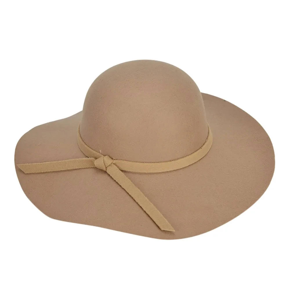 Women Retro Sun Cap Wide Brim Wool Felt Bowler Fedora Hat Floppy Beach Solid 