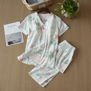 

Cotton Short-sleeved Trousers Free Bra Pajamas Suit Female Summer Printing Thin Section Cool with Chest Pad Pijama Verano Mujer