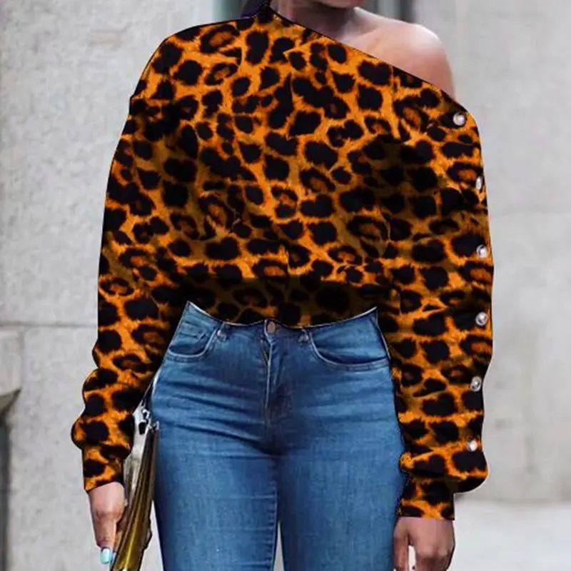 

One Shoulder Designer Leopard Hoodie Sweatshirt Women White Hoodies Plus Size Sexy Print Crop Streetwear Long Sleeve Fall 2019