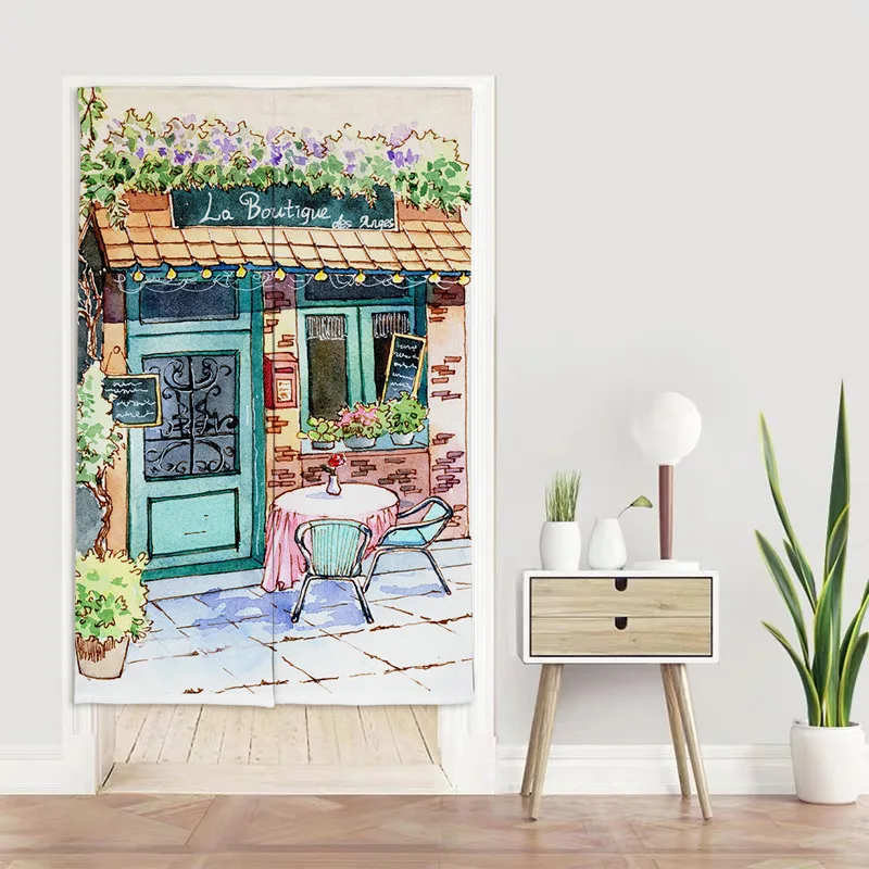 

Japanese Door Curtains Hand-painted Street View Kitchen Bedroom Doorway Partition Decorative Linen Fabric Noren Hanging Curtain