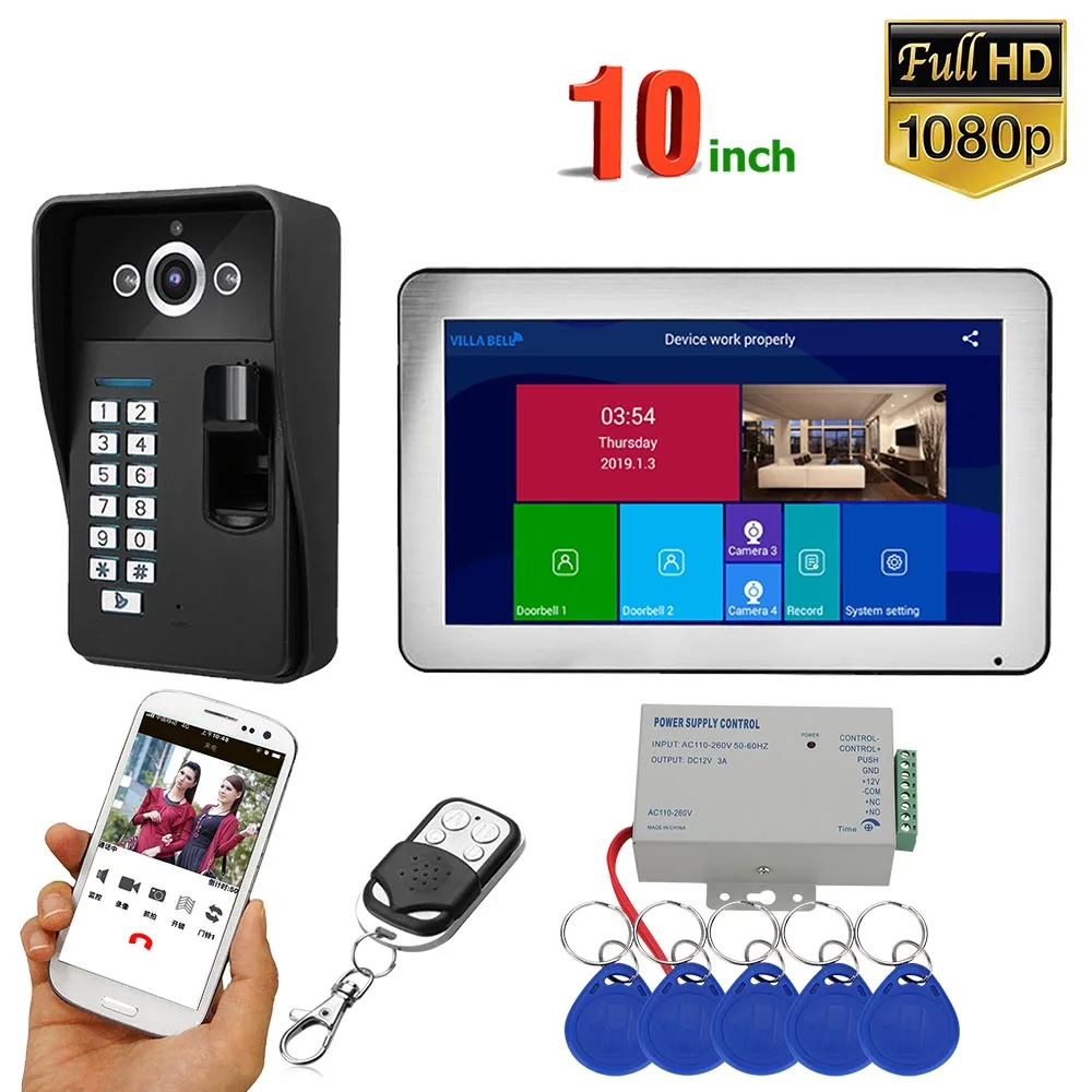

10 inch Record Wifi Wireless Fingerprint RFID Video Door Phone Doorbell Intercom System with Wired 1080P camera