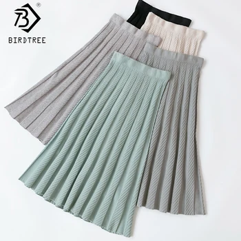 

Ins 2020 Spring New Women's A-line Knitting SKirts Casual Elastic Waist Female Fashion Solid Pleated Midi Skirt B9D405S
