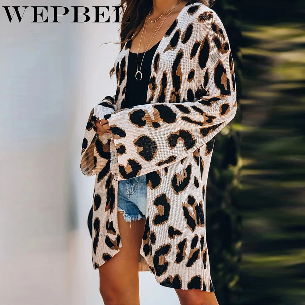 

WEPBEL Autumn Winter Fashion Leopard Print Printed Knitted Cardigan Sweater Women's Casual Loose Long Flare Sleeve Sweater