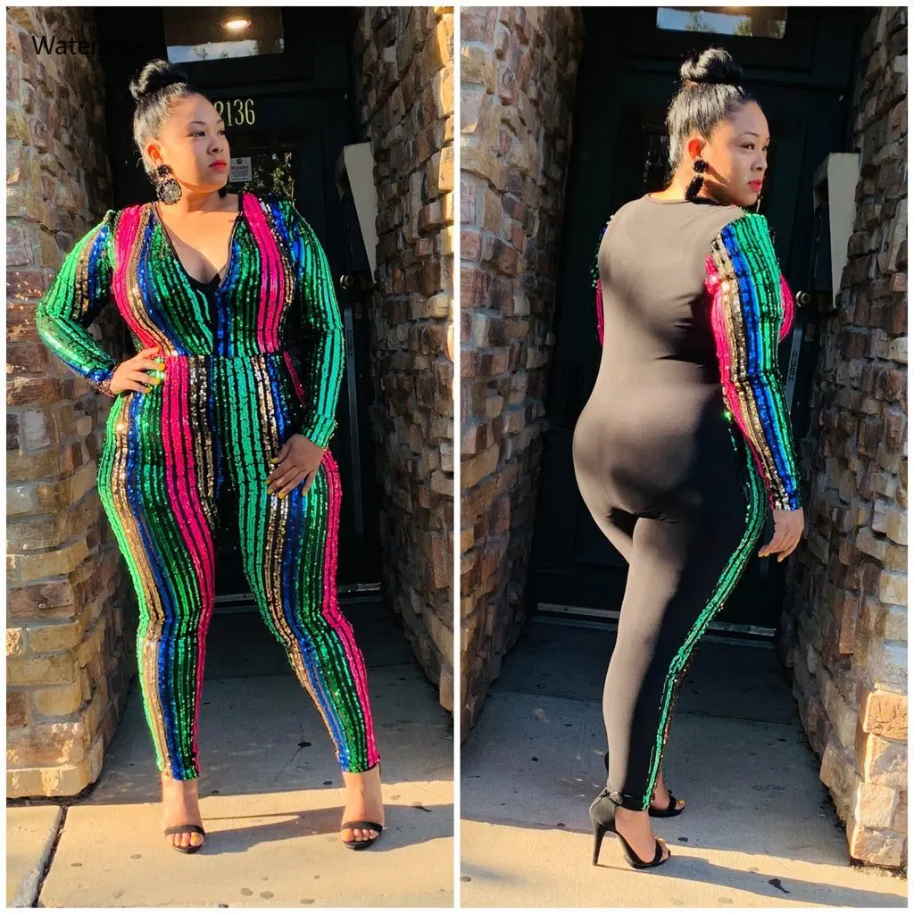 

New Women's Plus Size Jumpsuits Deep V-Neck Long Sleeve Stripe Sequins Sexy Night Club Long Skinny Jumpsuits YF1068
