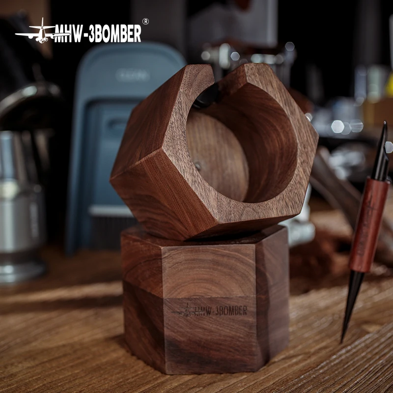 US $26.00 58mm Espresso Coffee Powder Base Hexagonal Solid Wood Handle Support Frame Horizontal Walnut Wood Coffee Filter T er Holder