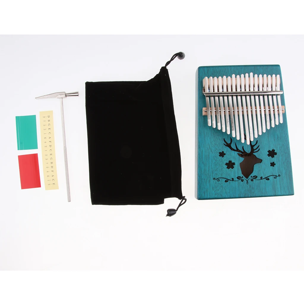 17 Keys Thumb Piano Kalimba Mahogany Beginner Piano Gift Deer Pattern Decoration Finger Percussion Musical Instrument - Blue