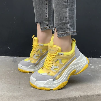 

2020 Brand Beige Sneakers Women Shoes Yellow Chunky Platform Shoes Sneakers Woman Thick Sole Casual Vulcanize Shoes basket femme