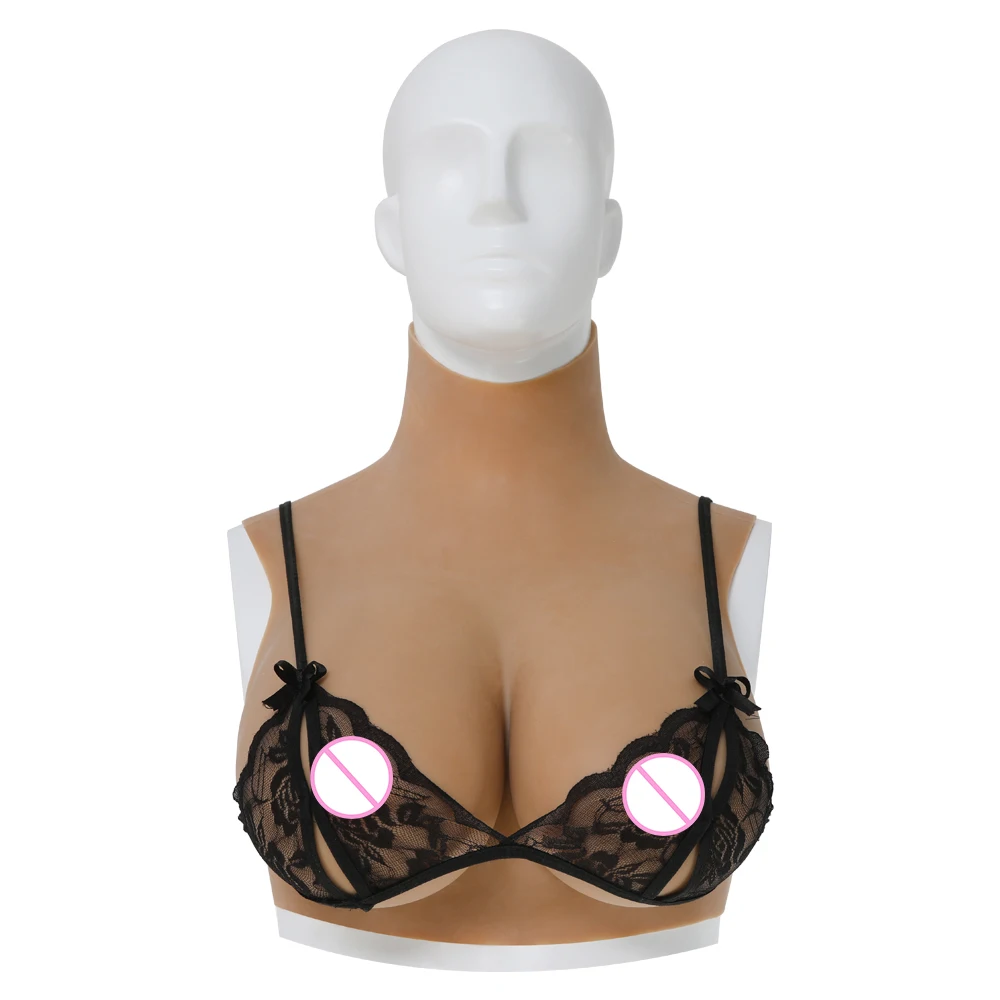 

CYOMI 73C/75D/78F Cup Fake Boobs Silk Cotton High Collar Neck Silicone Breast Forms for Crossdresser Shemale Transgender 1G