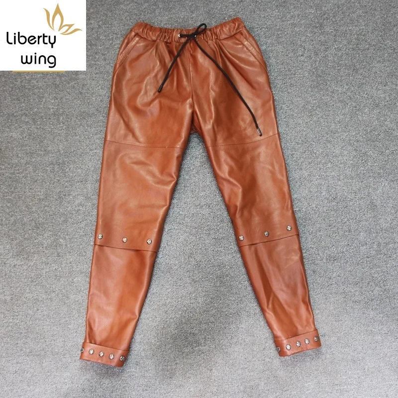 

Women Genuine Leather Stretch Plus Size Pencil Female High Quality Brand Rivet Ankle Length Harem Pants Trousers