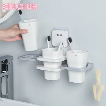 

Toothbrush Holder With 3 Cups Wall Mounted Bathroom Cleanser Storage Rack Bathroom Bath Accessories Set 3 Layers Toothbrush Case