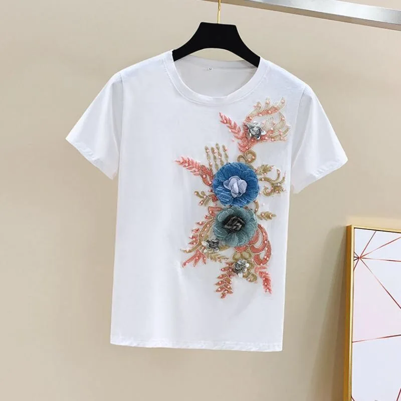 Vangull новые женские тяжелые работы вышивка 3D футболки с цветочным узором+ джинсы комплекты одежды из 2 предметов Летние повседневные Denims 2 комплекты одежды