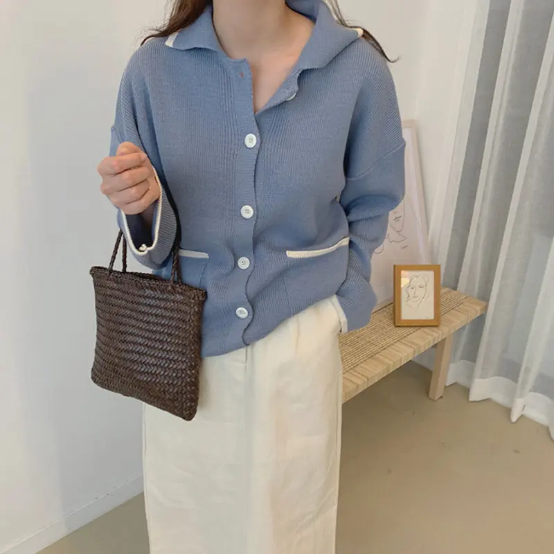 

Alien Kitty Basic Loose Sailor Collar Patchwork Cardigans Brief Chic Gentle Sweet All-Match Casual Autumn Women Knitted Sweaters