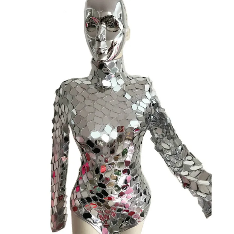 

Shining Sequins Bodysuit Mask Machine Dance Costume Silver Mirrors Leotard Jazz Dance Wear Club Singer Stage Performance Outfit