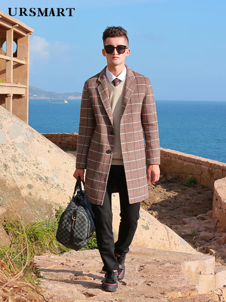 

Double sided woolen coat men's medium and long fashion British Plaid suit collar business casual winter coat men