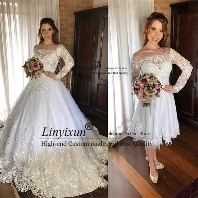 Vestido De Noiva 2 в 1, кружевные свадебные платья с длинными рукавами,, прозрачные, с вырезом лодочкой, с аппликацией, со съемным шлейфом, свадебные платья для невесты