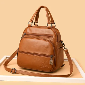 

Elegant Pure Color Women PU Leather Shoulder Multifunction Vintage College Style Teens Back Bag Waterproof Fashion Handbag Sac