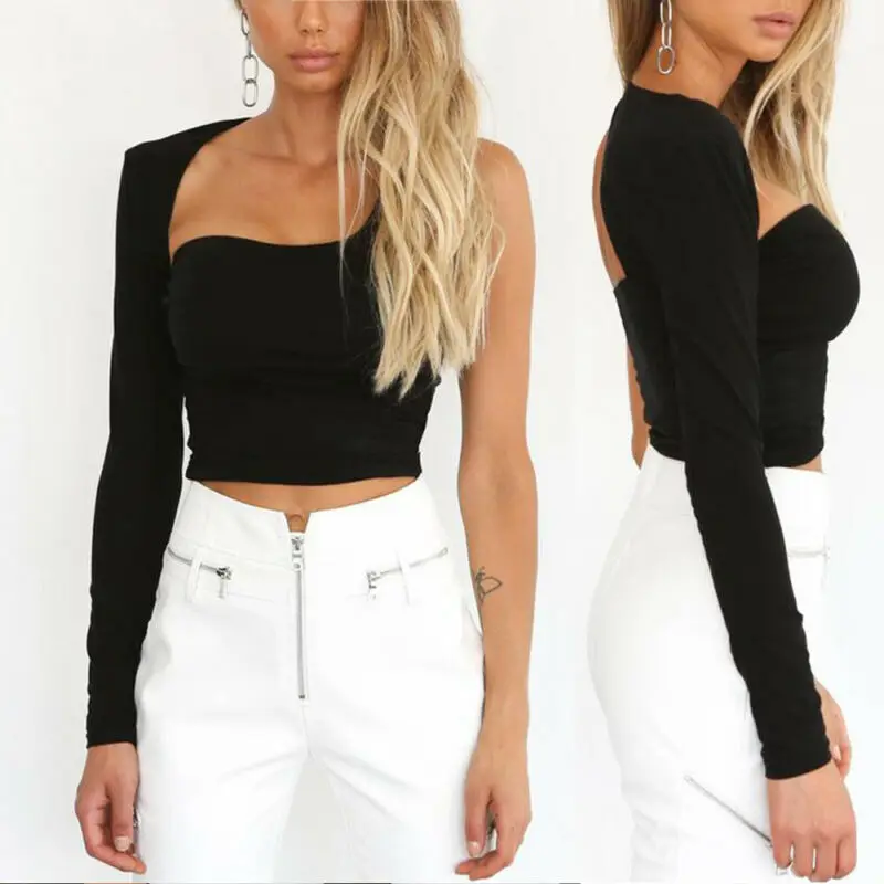 

2019 Summer Sexy Women Solid Slim Skinny One Sleeve Hollow Out Halter T-Shirts Crop Top Club Party Wear Fashion New