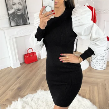 

Spring Wrap Bandage Bodycon Dress Women Puff Sleeve Knitted Mini Sexy Dress Fashion Elegant Black Autumn Party Dress Vestidos