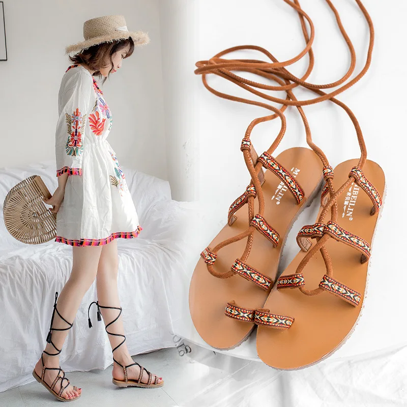 

2019 Summer New Style Flat Heel Versatile Split Toe Cross Straps Sandals Women's Ethnic-Style Flat Soft Girl Rome WOMEN'S Shoes