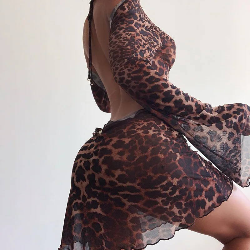 Yimunancy Leopard Print Backless Dress Women Long Sleeve Mesh Dress 2021 Spring Halter Transparent Sexy Club Dress Vestidos