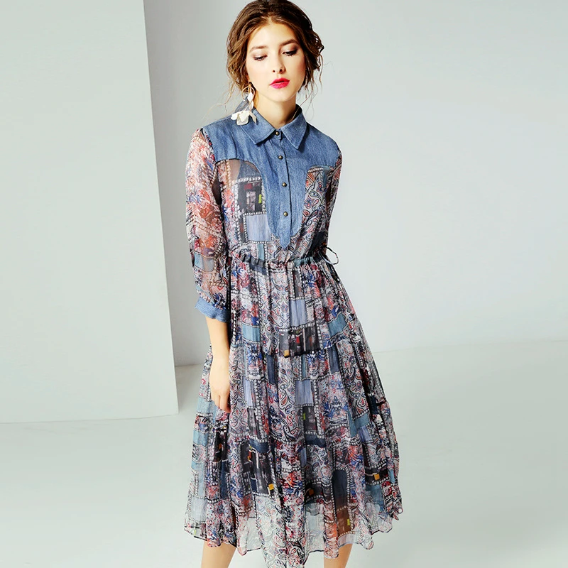 

Women Irregular Dress Printed Patchwork Dress Denim Silk Turn-down Collar Casual Three Quarter Sleeve Dress New Fashion