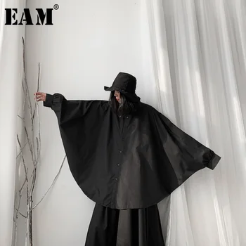 

[EAM] Women Black Big Size Brief Blouse New Lapel Long Batwing Sleeve Loose Fit Shirt Fashion Tide Spring Autumn 2020 19A-a574