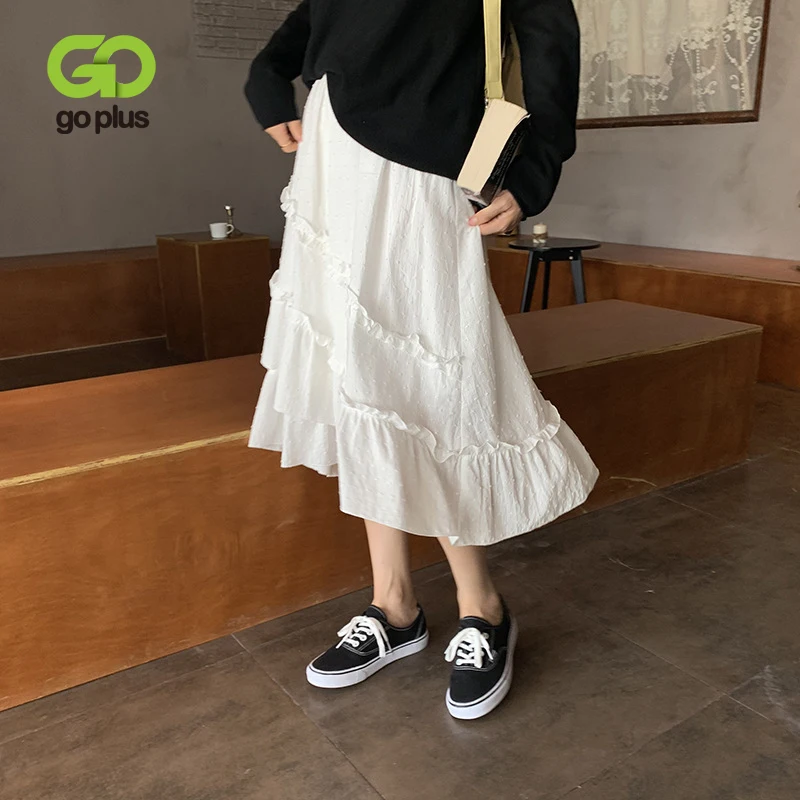 

GOPLUS Women's Skirt High Waist Ruffles Jacquard Midi Skirts Balck White Kawaii Wrap Skirt Faldas Largas Mujer Spodnica C9630