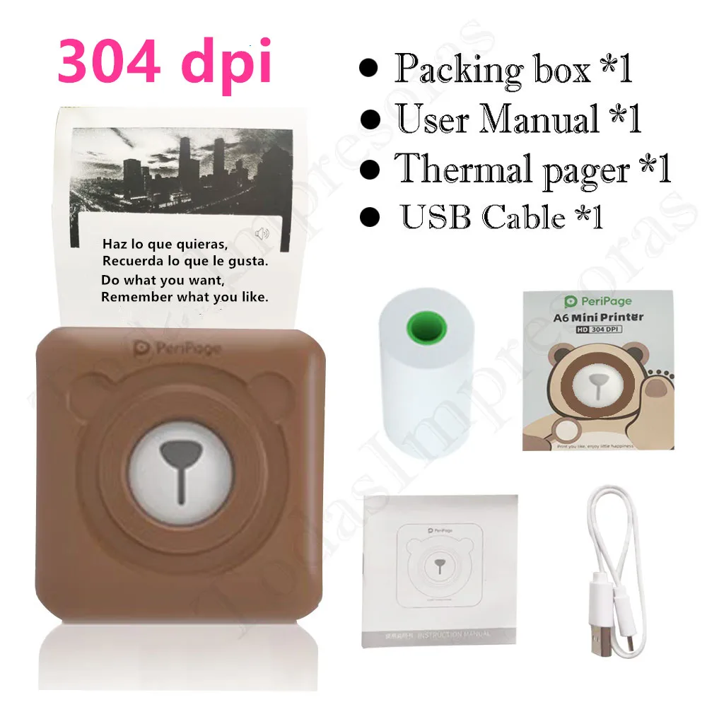 Peripage 304dpi 미니 포켓 프린터, 블루투스 A6 열전사 사진 프린터, 컬러 브라운 옐로우 휴대폰, 안드로이드 IOS 선물