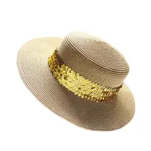Sombrero de paja plano Vintage para mujer, vestido de verano, gorra de playa de ocio con lentejuelas, Panamá de ala ancha, sombrero Fedora de Jazz para mujer, sombreros de Sol de hueso
