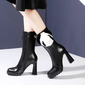 

Womens Pointy Toe Genuine Leather Panda Decor Ankle Boots Strange High Clear Red Wine Glass Heel Shoes Black White New