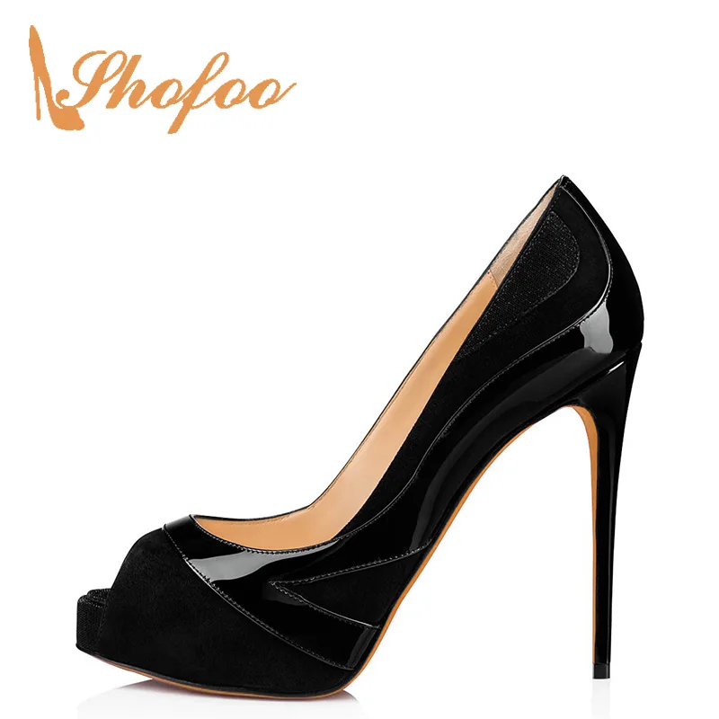 

Black Peep Toe Pumps Platform Woman Stilettos High Thin Heels Patent Leather Flock Large Size 40 41 Ladies Office Shoes Shofoo