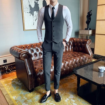 

Big Size 7xl 2-piece Suit 2020 Grey Navy Best Man Stylist Suit Vest+Pant Design Suit Men Retro Business Formal Men Work Suit