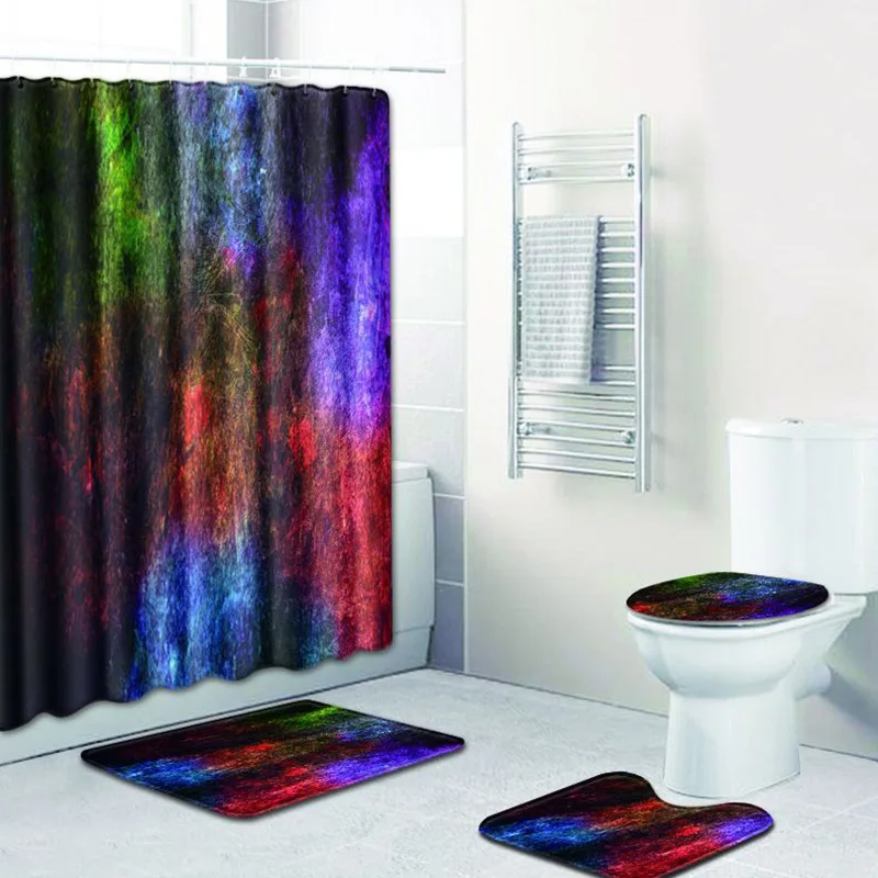 

4pcs/set Colorful Pattern Waterproof Shower Curtain Bath Rug Toilet Cover Bath Mat Set Bathroom Accessories Curtains With Hooks