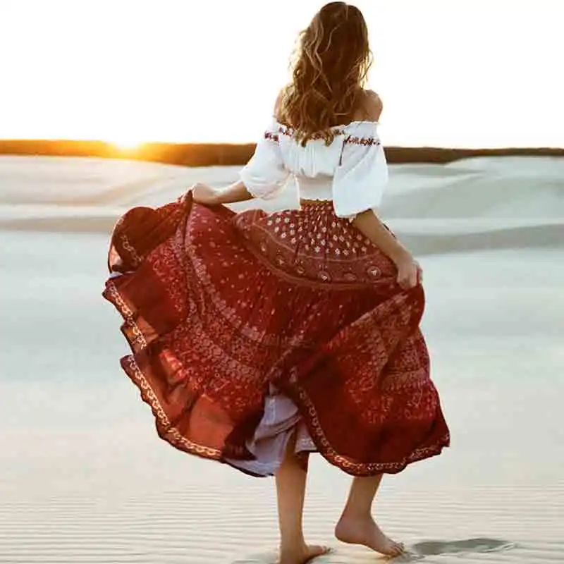 

GypsyLady red floral print maxi boho skirts elastic waist long skirts womens 2019 new summer autumn cotton skirts female fadas