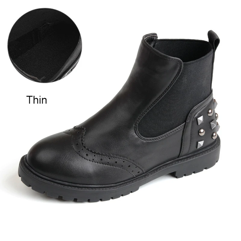 Autumn Winter Girls Short Boots PU Leather Lace Rivet Decoration Fashion Martins Boots Slip-on Casual Ankle Shoes Size 26-37 - Цвет: ThinB