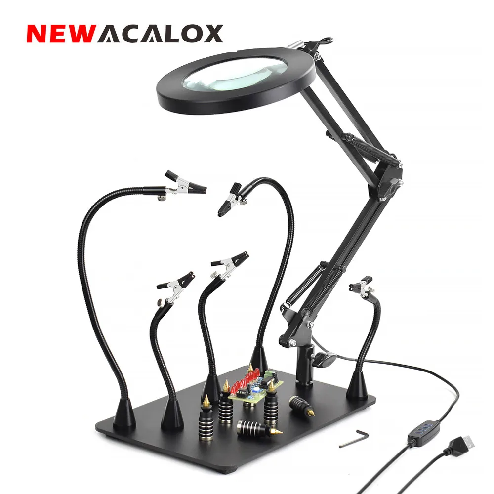 NEWACALOX Magnetic PCB Fixing Clip Soldering Stand 5X Magnifier with LED Light Soldering Iron Holder Welding Repair Tool Kit