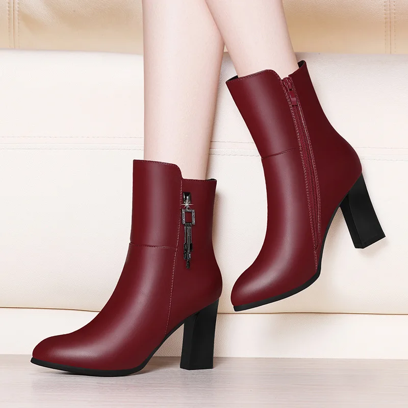

Neb angel Pointed Toe Chunky Heel High-Heel Tube Leather Boot 2019 Autumn And Winter New Style Boots WOMEN'S Shoes Large Size Wo